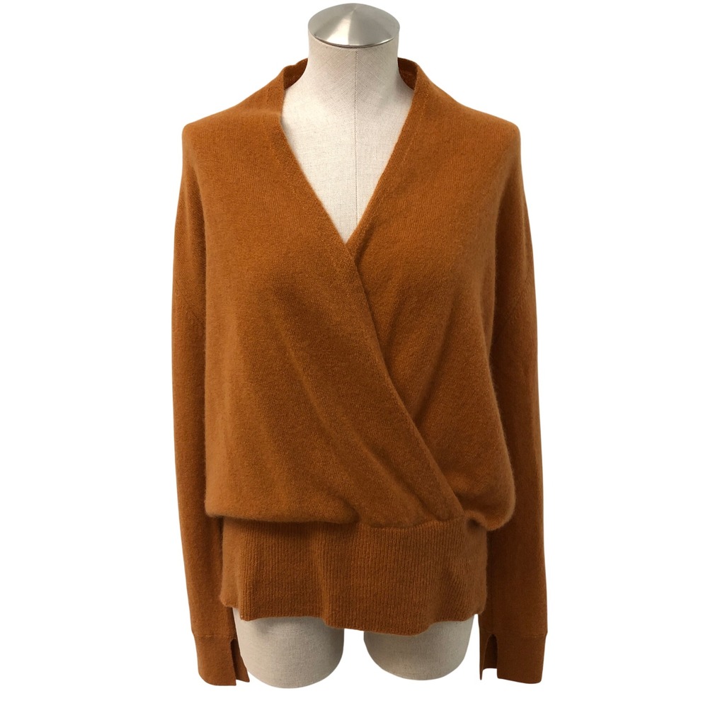 Neiman Marcus Wrap Sweater Womens XL Orange 100% Cashmere V-Neck Split Cuff